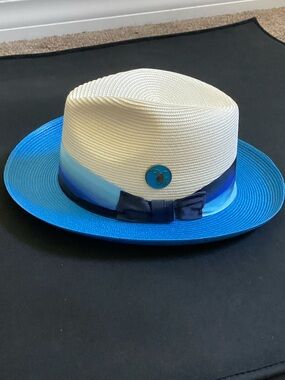 Stylish Blue & White Straw Fedora Hat